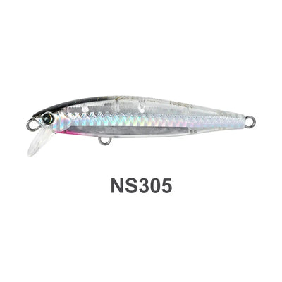 Fishing minnow lure, silver with blue and purple stripes, side hooks, NS305