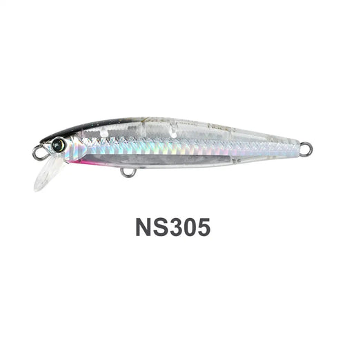 Fishing minnow lure, silver with blue and purple stripes, side hooks, NS305