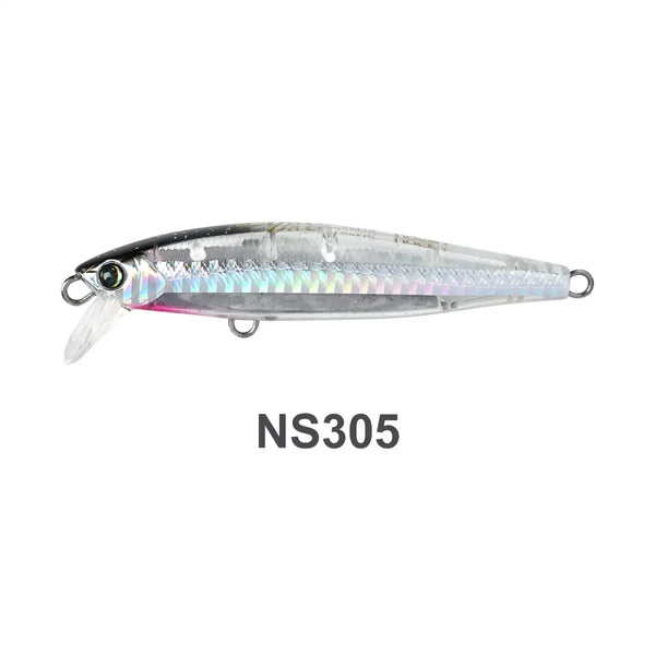 Fishing minnow lure, silver with blue and purple stripes, side hooks, NS305