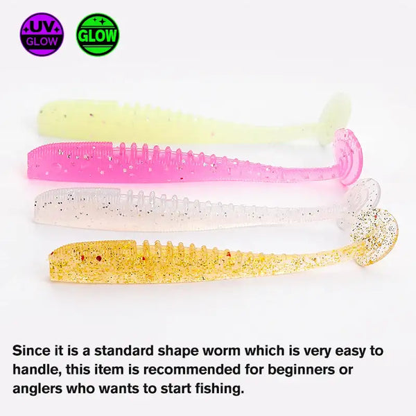 Set of soft plastic worm lures: pale yellow, bright pink, and white speckled
