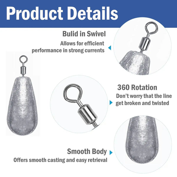 Metal lead sinker with built-in swivel, rotating eyelet product detail