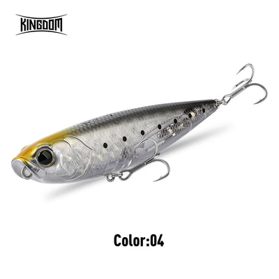 Floating fishing lure, silver-gray pencil bait with yellow head and black speckle pattern