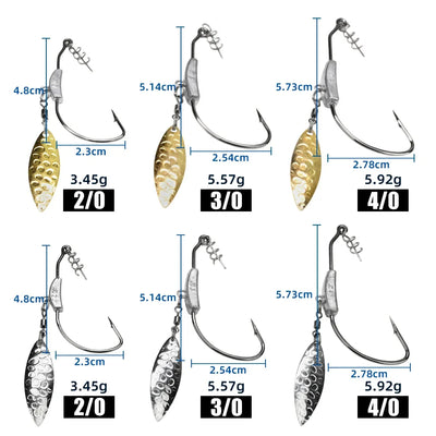 Underspin swimbait hook size chart showing 2/0 to 4/0 hooks and blade sizes