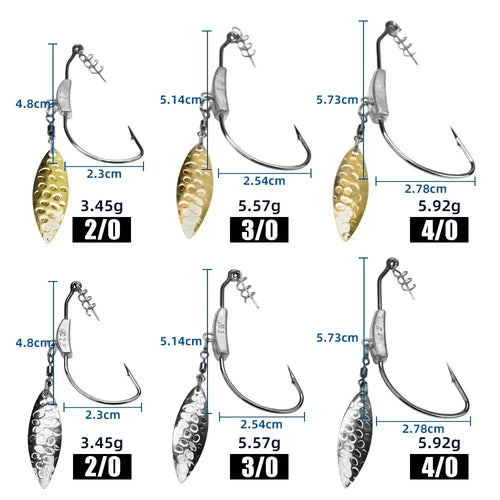 Underspin swimbait hook size chart showing 2/0 to 4/0 hooks and blade sizes