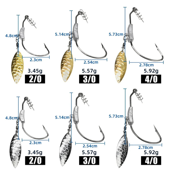 Underspin swimbait hook size chart showing 2/0 to 4/0 hooks and blade sizes