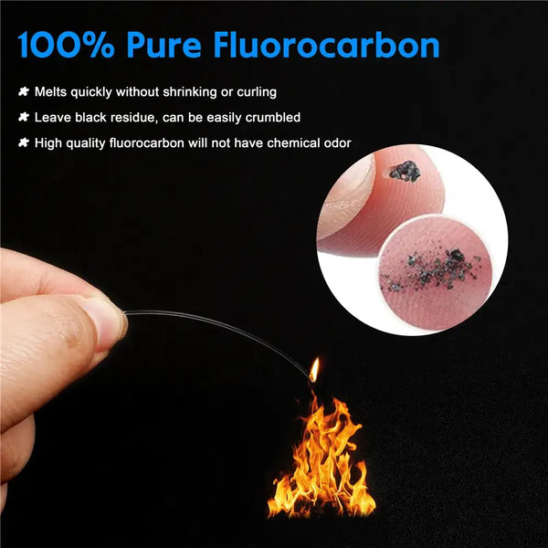 Fluorocarbon fishing leader line held by hand near flame for heat resistance
