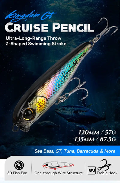 Saltwater cruise pencil fishing lure, holographic blue-gold body, twin treble hooks