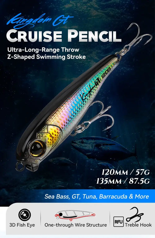 Saltwater cruise pencil fishing lure, holographic blue-gold body, twin treble hooks
