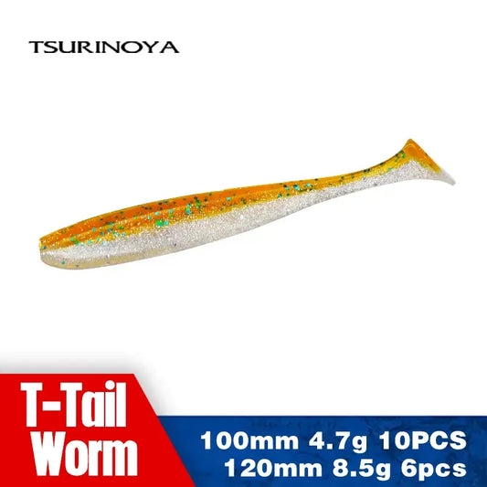 Soft T-tail worm lure, yellow-orange back with silver speckled body