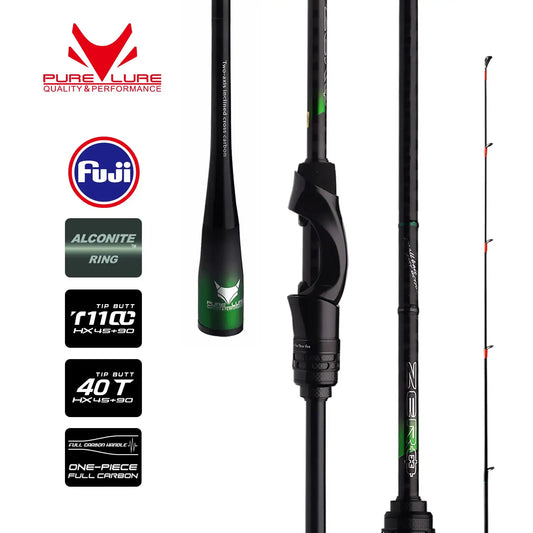 Ultralight fishing rod with black blank and green accent line guides