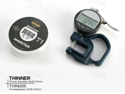 Fishing line spool with MANSTER T1 label and blue digital line measuring tool