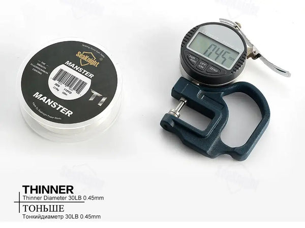 Fishing line spool with MANSTER T1 label and blue digital line measuring tool