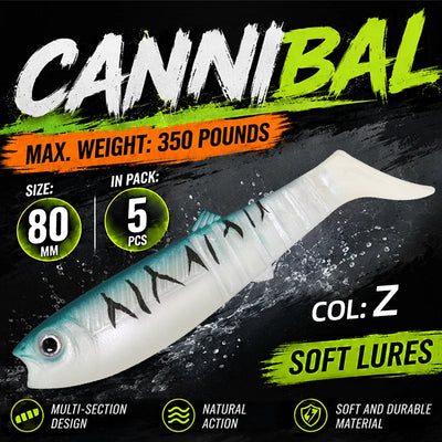 Pearl white paddle tail swimbait with pale blue back, soft bait body and tail.