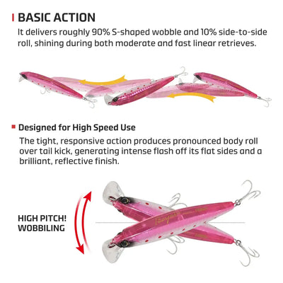 Sinking minnow lure in pink finish with action arrows and dual crank-style hooks