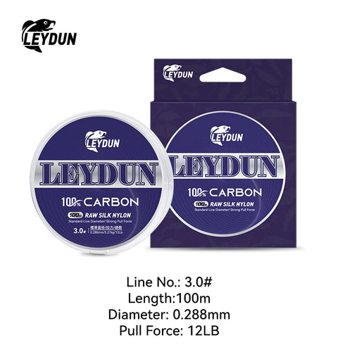 Fluorocarbon leader line spool with blue carbon card, line specs listed