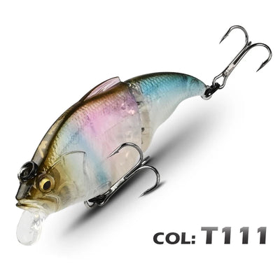 Fishing lure with clear lip, blue-purple body with gold accents, and two treble hooks