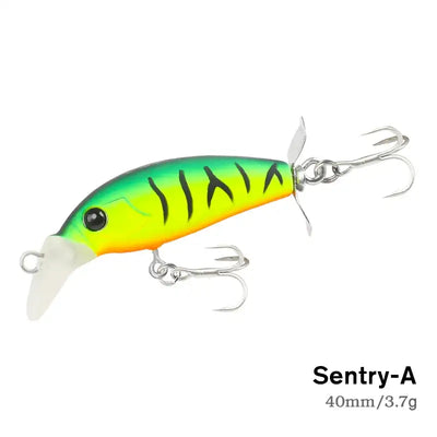 Sinking minnow lure 40mm/3.7g, neon green-yellow body with dark stripes, propeller and treble hooks