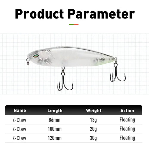 Leydun z-claw clear plastic floating pencil stickbait with three treble bkk hooks and green eye detail