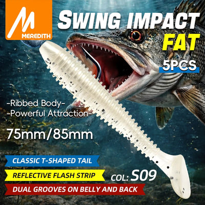 Meredith paddle tail soft plastic 5-pack, white ribbed body, speckled paddle tail, hooked.