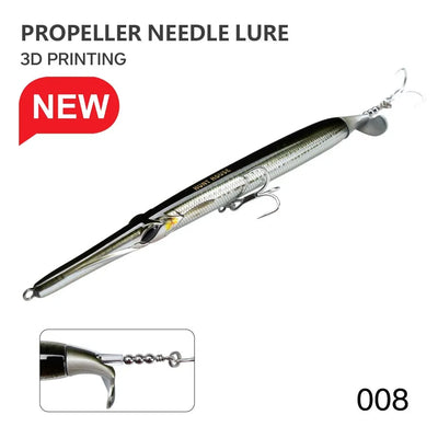 Propeller needle lure, black and silver metallic body with twin treble hooks