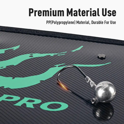 Black PP material panel with green squid graphic and lure sinker on top