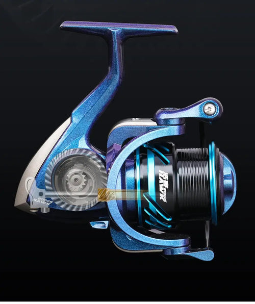 Blue and purple spinning fishing reel with shallow spool, close-up side view