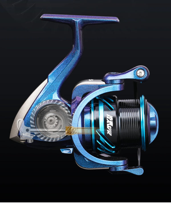 Blue and purple spinning fishing reel with shallow spool, close-up side view