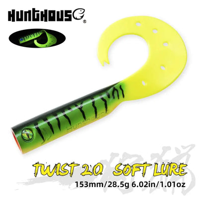 Lime green soft fishing lure with black stripe tail and orange skirt head.