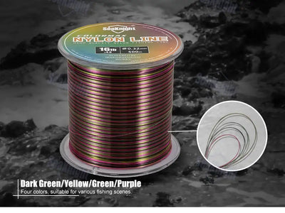 Multicolor nylon fishing line spool, dark green/yellow/purple striped line.