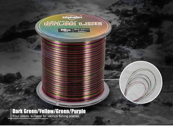 Multicolor nylon fishing line spool, dark green/yellow/purple striped line.