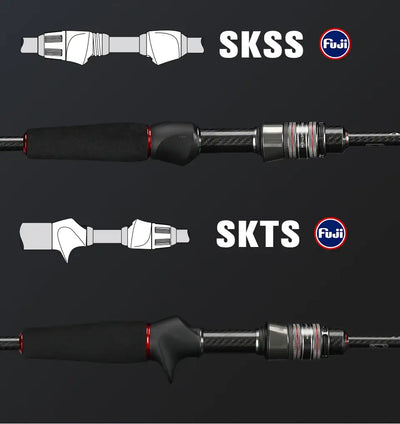 Spinning fishing rod handle and reel mount with black EVA grip and metal seat.