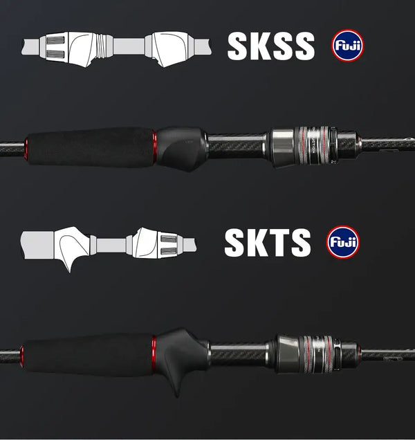 Spinning fishing rod handle and reel mount with black EVA grip and metal seat.