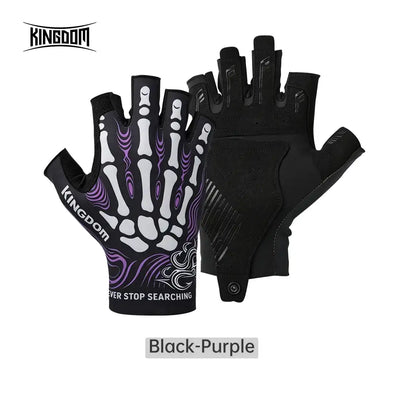 Pair of half-finger fishing gloves, black with purple skeleton pattern and snap cuff
