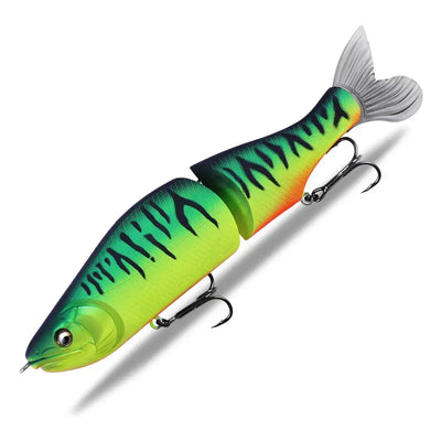 Jointed minnow fishing lure, neon green and orange tiger pattern, silver hooks