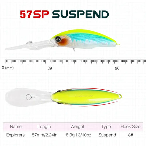 Suspending minnow hard body fishing lure, chartreuse and teal with black eye markings.