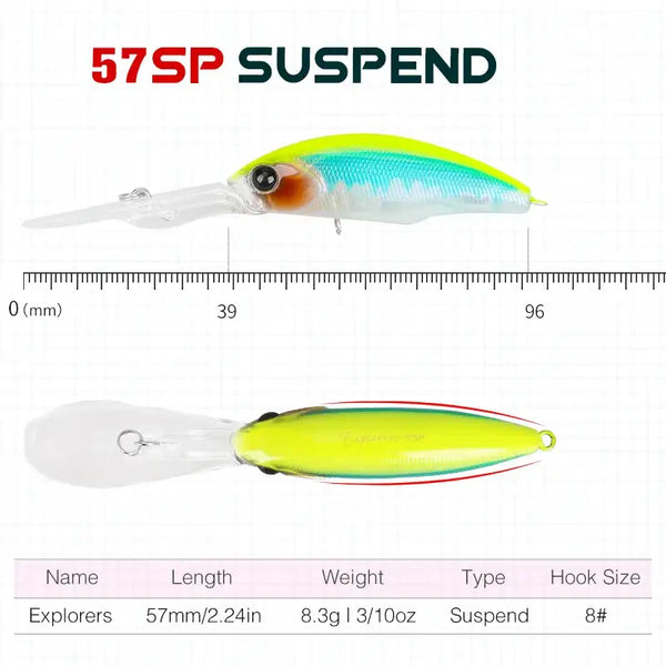 Suspending minnow hard body fishing lure, chartreuse and teal with black eye markings.