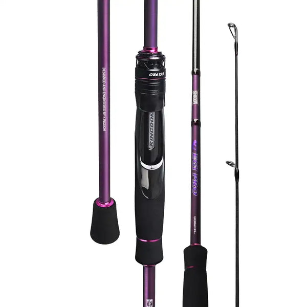 Purple squid fishing rod reel seat and black foam grips with line guides shown