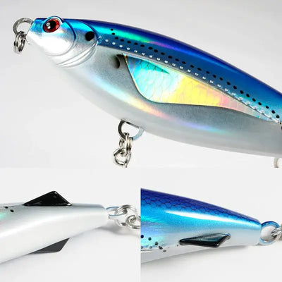 Close-up of a metallic blue and silver sinking pencil lure with split-ring hooks