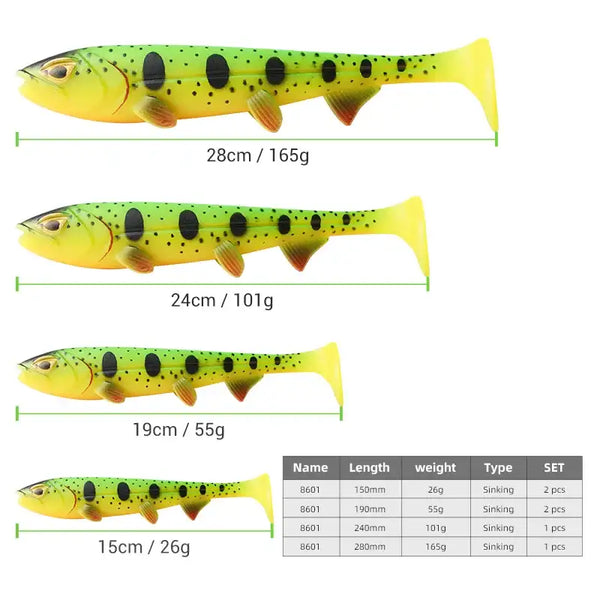 Soft paddle-tail swimbait lure with chartreuse body and black spots, shown in three sizes
