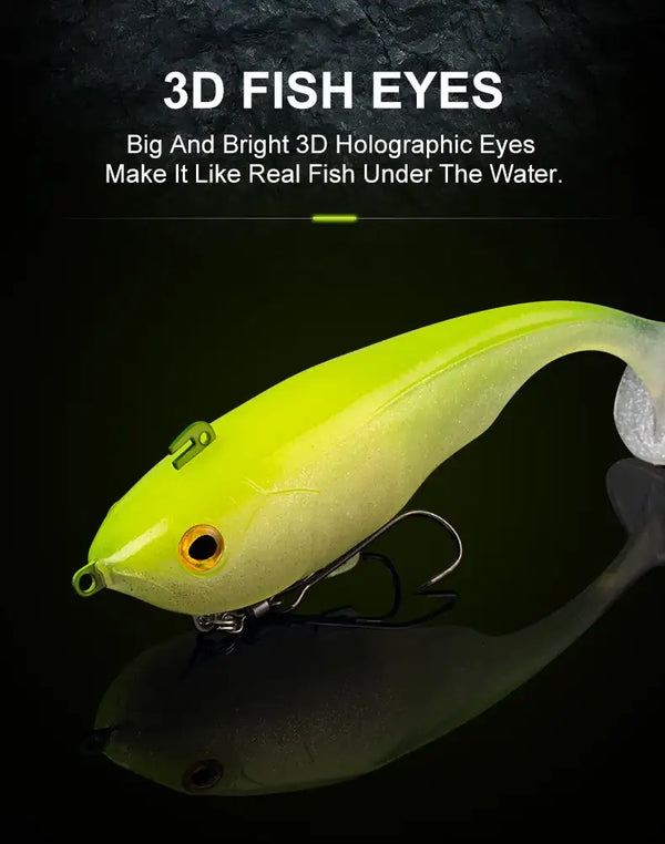 Lime green soft fishing lure with lifelike 3D fish eyes and double hook jighead