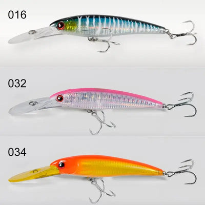 Saltwater trolling minnow wobbler set of three: blue, pink, and orange with treble hooks