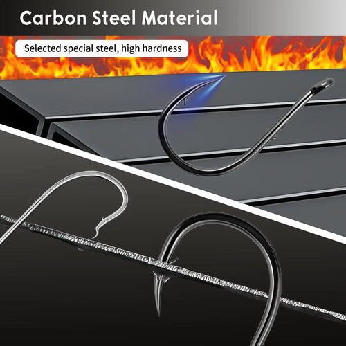 Black high-carbon steel offset circle fishing hooks with barbed points, close-up view