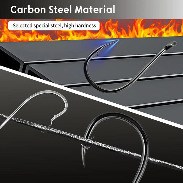 Black high-carbon steel offset circle fishing hooks with barbed points, close-up view