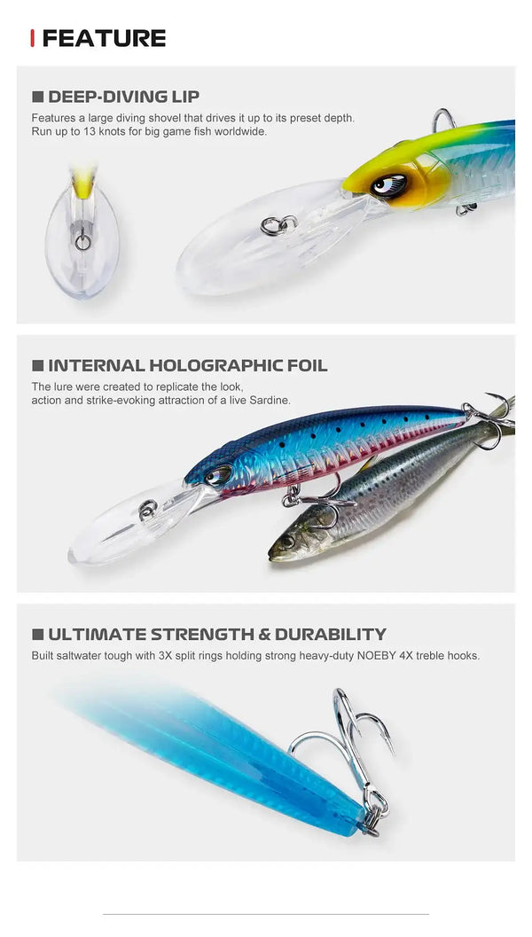 Feature panel for deep-diver minnow lure showing deep-diving lip and holographic foil