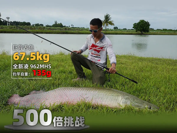 Fishing rod with black carbon fiber blank held by an angler near a large fish