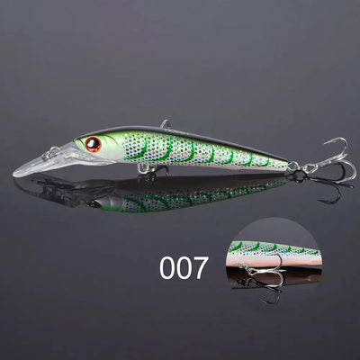 Trolling minnow fishing lure, white with green scales, red eye, clear lip, 2 treble hooks