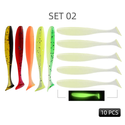 Set of 10pcs T-tail silicone swimbaits, Set 02 colors: yellow, red, orange, and green