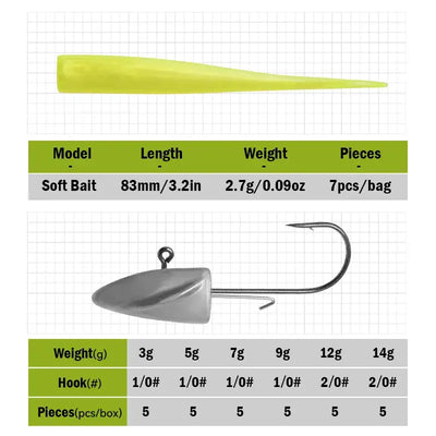 Green soft bait fishing lure body with jig head hook shown on grid background