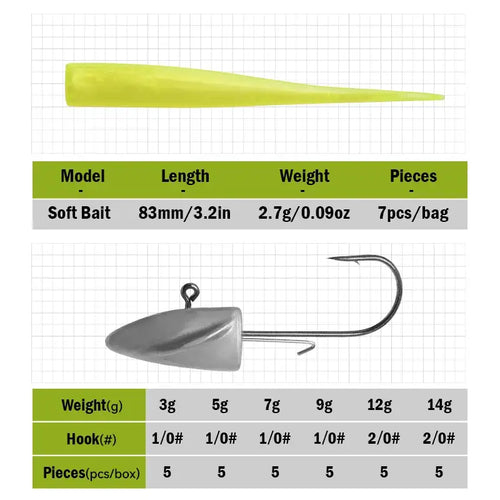 Green soft bait fishing lure body with jig head hook shown on grid background