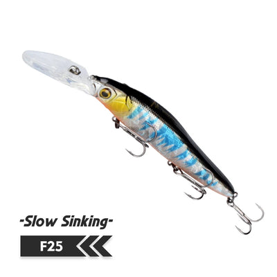 Minnow fishing lure, black and silver with blue scale pattern, clear lip, three treble hooks